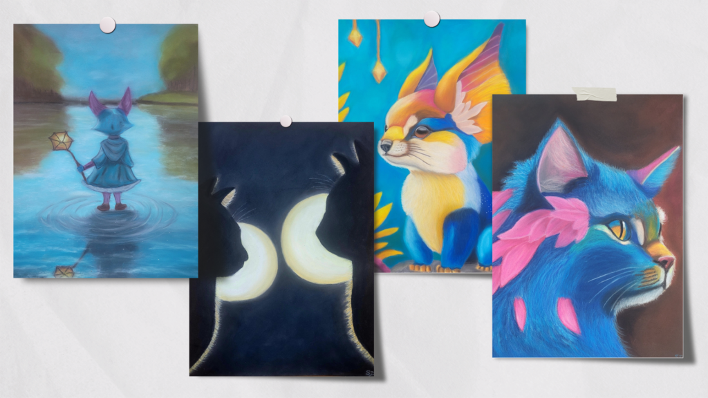 Dessins fantastiques aux pastels secs par Sophie Darroux